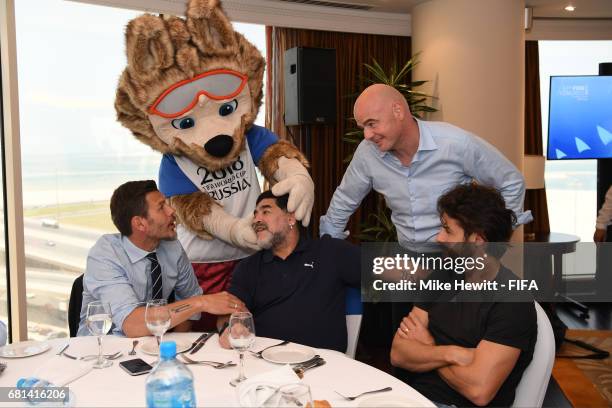 World Cup mascot Zabivaka meets FIFA Legend Diego Maradona as FIFA Deputy Secretary General Zvonimir Boban, FIFA President Gianni Infantino and FIFA...