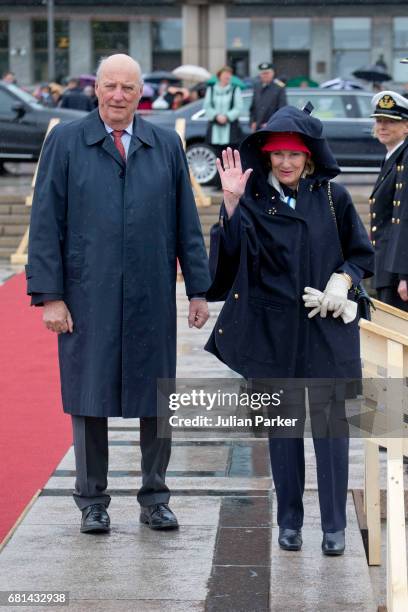 King Harald of Norway and Queen Sonja of Norway leave to host a lunch on the Norwegian Royal Yacht "Norge" as part of the celebrations of their 80th...