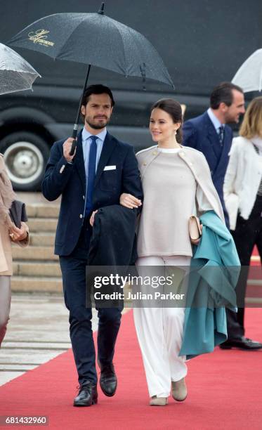 Prince Carl Philip and Princess Sofia of Sweden leave to attend a lunch on the Norwegian Royal Yacht "Norge" as part of the celebrations of the 80th...