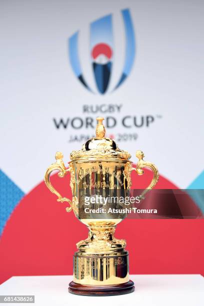 The William Webb Ellis Cup is displayed during the Rugby World Cup Pool Draw at the Kyoto State Guest House on May 10, 2017 in Kyoto, Japan.