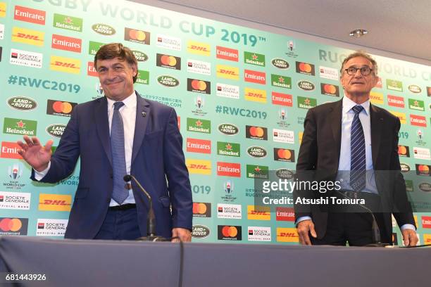 Daniel Hourcade head coach of Argentina and Guy Noves head coach of France attend a press conference after the Rugby World Cup Pool Draw at the Kyoto...