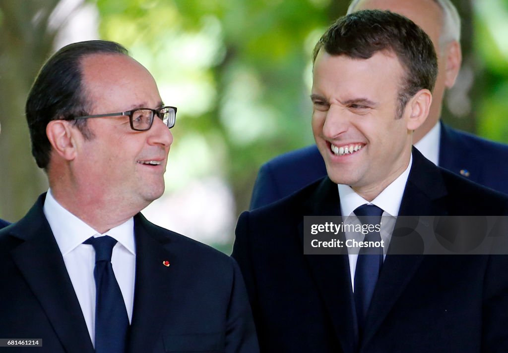 French Presidents Francois Hollande & Emmanuel Macron Attend A Ceremony To Mark The Anniversary Of The Abolition Of Slavery