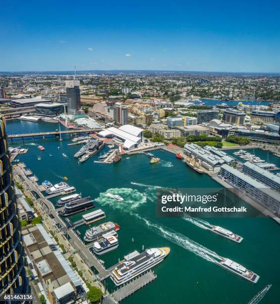 darling harbour from tower two - darling harbour fotografías e imágenes de stock