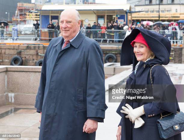 King Harald of Norway and Queen Sonja of Norway attend a lunch on the Royal yacht, Norge, on the occasion of their 80th birthday celebration, on May...