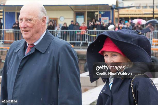 King Harald of Norway and Queen Sonja of Norway attend a lunch on the Royal yacht, Norge, on the occasion of their 80th birthday celebration, on May...