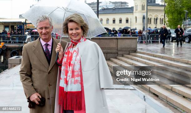King Philippe of Belgium and Queen Mathilde of Belgium attend a lunch on the Norwegian Royal yatch "Norge" to celebrate the 80th birthdays of King...