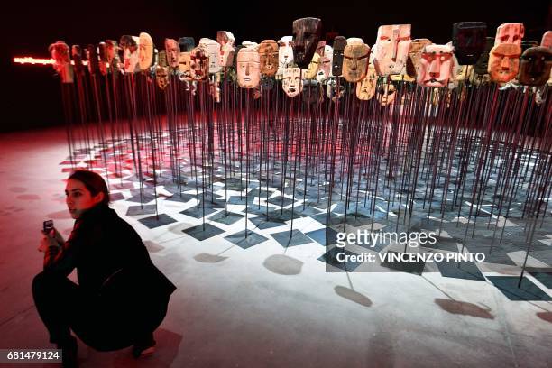 Picture shows the artwork "Werken" by Chilean artist Bernardo Oyarzun, on May 10, 2017 in Venice during the press preview of the 57th International...