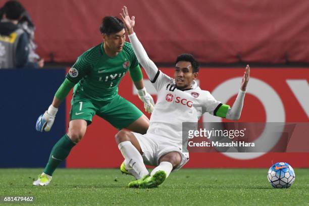 Teerasil Dangda of Muangthong United and Kwoun Sun Tae of Kashima Antlers compete for the ball during the AFC Champions League Group E match between...