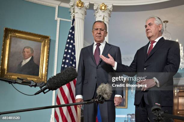 Rex Tillerson, U.S. Secretary of State, right, speaks as Sergei Lavrov, Russia's foreign minister, listens during a photo opportunity at the U.S...