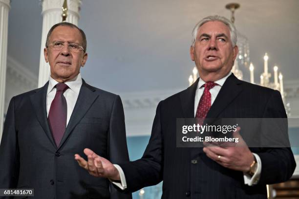 Sergei Lavrov, Russia's foreign minister, left, listens as Rex Tillerson, U.S. Secretary of State, speaks during a photo opportunity at the U.S...