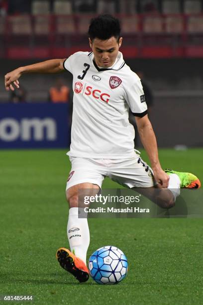 Theerathon Bunmathan of Muangthong United in action during the AFC Champions League Group E match between Kashima Antlers and Muangthong United at...