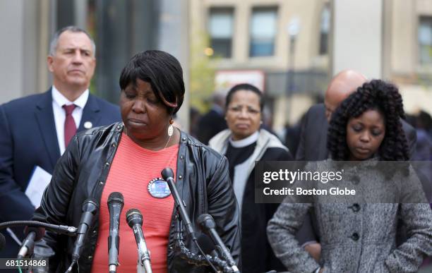 Ursula Ward, the mother of Odin Lloyd, pauses while addressing the media outside the courthouse in Fall River, MA on May 9 after the ruling. Her...