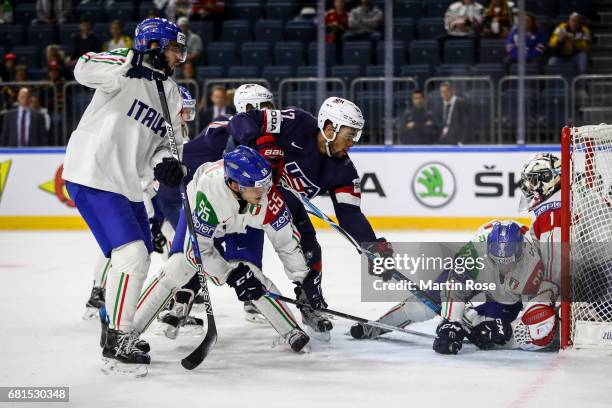 Jordan Greenway of USA tries to score against Andreas Bernard goalkeeper of Italy during the 2017 IIHF Ice Hockey World Championship game between USA...