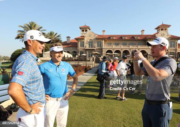 Bernhard Langer of Germany and Tyrone Van Aswegen of South Africa pose for a picture during The Constellation Senior Players Media Blitz with...