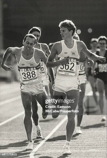 English athlete Steve Cram crosses the line in first place ahead of 3rd placed Great Britain teammate Steve Ovett in semi final 2 of the Men's 1500...