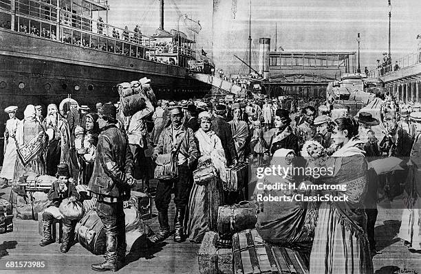 1900s 1907 DRAWING OF A CROWD OF IMMIGRANTS ON WHARF PIER LEAVING A SHIP HOLDING LUGGAGE AND BUNDLES OF BELONGINGS