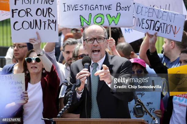 Democratic National Party Chirman Tom Perez speaks as about 300 people rally to protest against President Donald Trump's firing of Federal Bureau of...