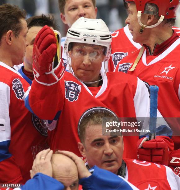 Russian President Vladimir Putin and former NHL players Slava Fetisov and Pavel Bure , Tula Governor Alexey Dyumin attend a gala match of the Night...