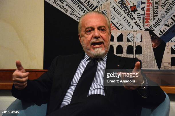 Chairman of Napoli Football Club Aurelio De Laurentiis delivers a speech during his visit to the foreign press center in Rome, Italy on May 10, 2017.