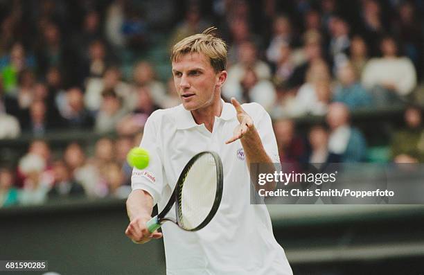 Slovakian tennis player Karol Kucera pictured in action to lose against American tennis player Pete Sampras, 4-6, 1-6, 7-6, 6-7 in the third round of...