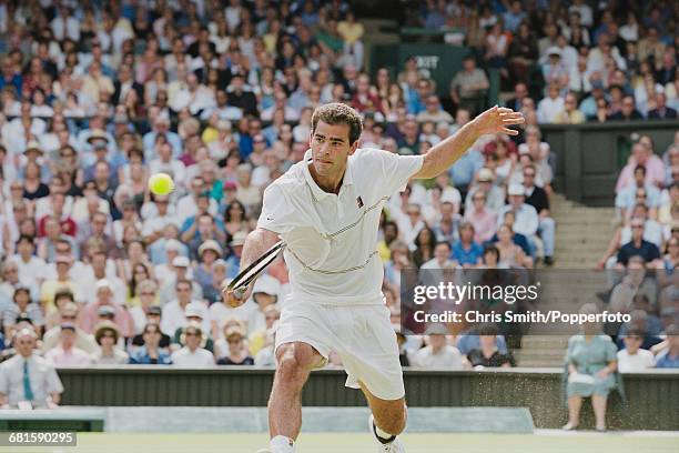 American tennis player Pete Sampras pictured in action to win against English tennis player Tim Henman, 3-6, 6-4, 6-3, 6-4 in the semifinals of the...