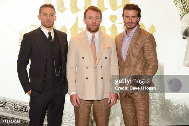 Charlie Hunnam, Guy Ritchie and David Beckham attend the European premiere of "King Arthur: Legend of the Sword" at Cineworld Empire on May 10, 2017...