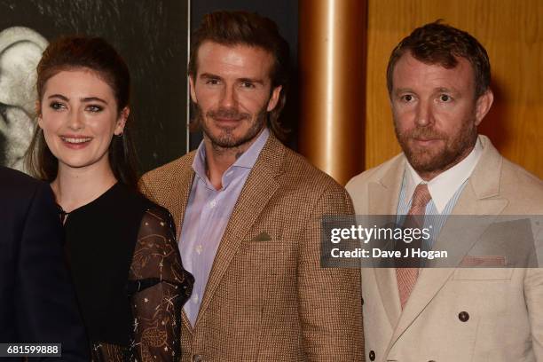 Millie Brady, David Beckham and Guy Ritchie attend the European premiere of "King Arthur: Legend of the Sword" at Cineworld Empire on May 10, 2017 in...