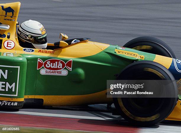 Riccardo Patrese of Italy drives the Camel Benetton Ford Benetton B193 Ford HB V8 during practice for the Yellow Pages South African Grand Prix on 13...