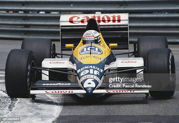 Riccardo Patrese of Italy drives the Canon Williams Team Williams FW12C Renault V10 during practice for the Grand Prix of Monaco on 6 May 1989 on the...