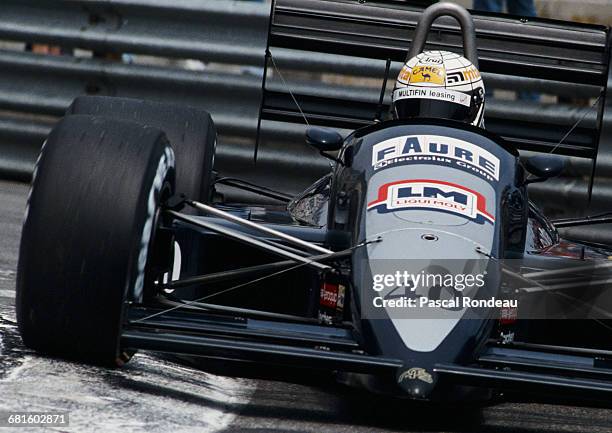 Gabriele Tarquini of Italy drives the Automobiles Gonfaronnaises Sportives AGS JH23B Cosworth DFR V8 during practice for the Grand Prix of Monaco on...