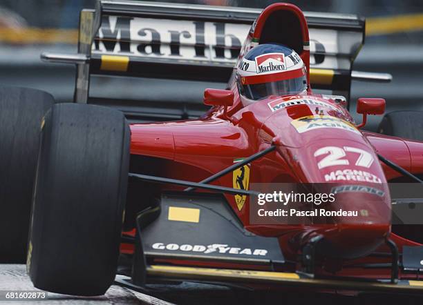 Jean Alesi of France drives the Scuderia Ferrari Ferrari 412T1 Ferrari V12 during practice for the Grand Prix of Monaco on 14 May 1994 on the streets...