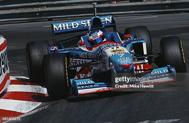 Jean Alesi of France drives the Mild Seven Benetton Renault Benetton B197 Renault V10 during practice the Formula One Grand Prix of Monaco on 10th...
