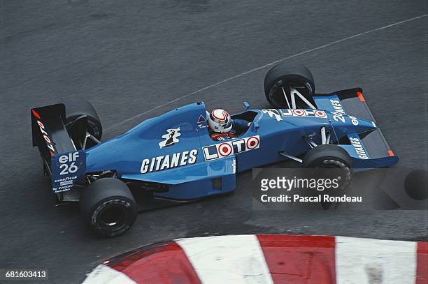 Philippe Alliot of France drives the Ligier Gitanes Ligier JS33B Ford Cosworth DFR V8 during practice for the Grand Prix of Monaco on 27 May 1990 on...