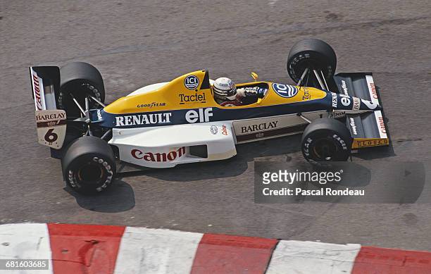 Riccardo Patrese of Italy drives the Canon Williams Team Williams FW12C Renault V10 during practice for the Grand Prix of Monaco on 6 May 1989 on the...