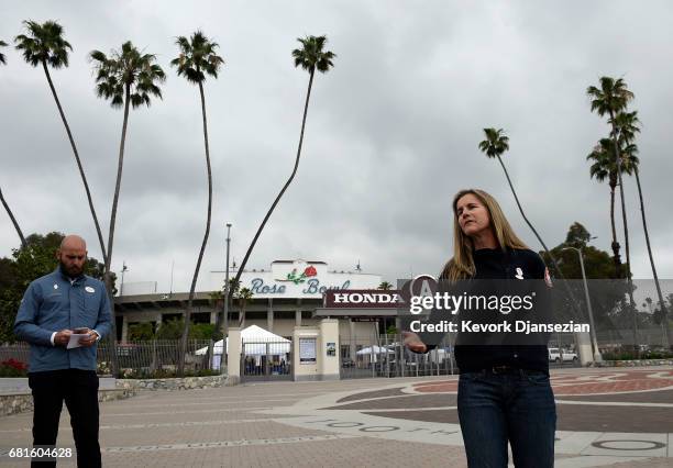 Brandi Chastain, two-time FIFA Women's World Cup champion and two-time Olympic gold-medalist, speaks to the members of the media as they are given a...