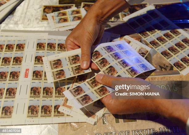 Philatelist, or person who "loves stamps", seperates recently-launched, second edition stamps featuring the "Big 5" wild animals found within Kenyan...