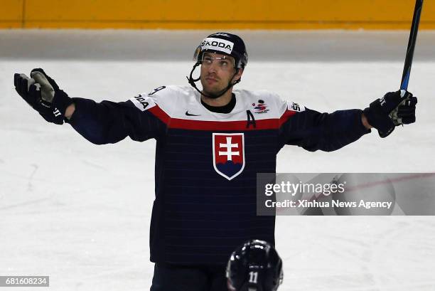 May 10, 2017 -- Michel Miklik of Slovakia celebrates scoring during the 2017 IIHF Ice Hockey World Championship Preliminary Round Group A Game...