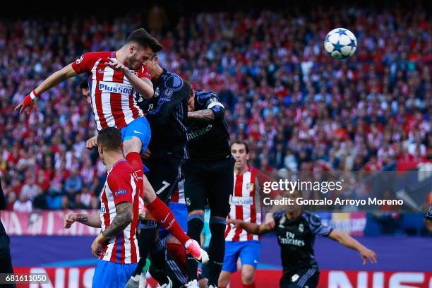 Saul Niguez of Atletico Madrid scores his team's opening goal during the UEFA Champions League Semi Final second leg match between Club Atletico de...