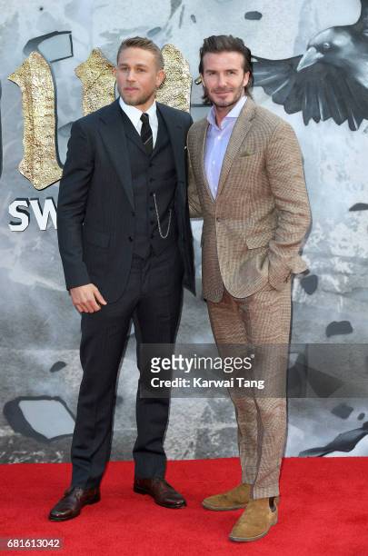 Charlie Hunnam and David Beckham attend the European premiere of "King Arthur: Legend of the Sword" at Cineworld Empire on May 10, 2017 in London,...