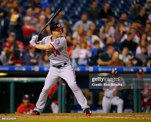 Chris Heisey of the Washington Nationals in action against the Philadelphia Phillies during a game at Citizens Bank Park on May 5, 2017 in...