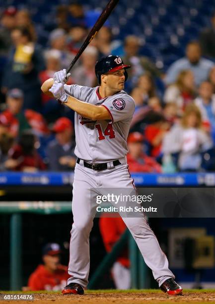 Chris Heisey of the Washington Nationals in action against the Philadelphia Phillies during a game at Citizens Bank Park on May 5, 2017 in...