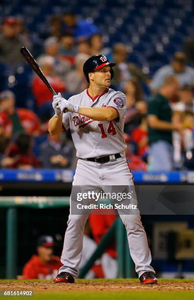 Chris Heisey of the Washington Nationals in action against the Philadelphia Phillies during a game at Citizens Bank Park on May 5, 2017 in...