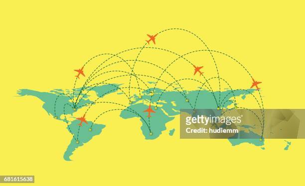 illustrazioni stock, clip art, cartoni animati e icone di tendenza di mappa del mondo vettoriale con compagnia aerea globale isolata su sfondo bianco - travel destinations