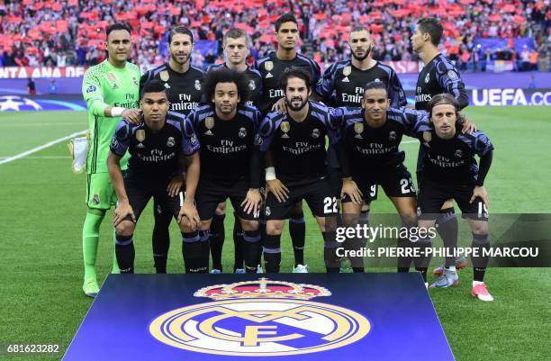 Real Madrid players, Costa Rican goalkeeper Keylor Navas, defender Sergio Ramos, German midfielder Toni Kroos, French defender Raphael Varane, French...