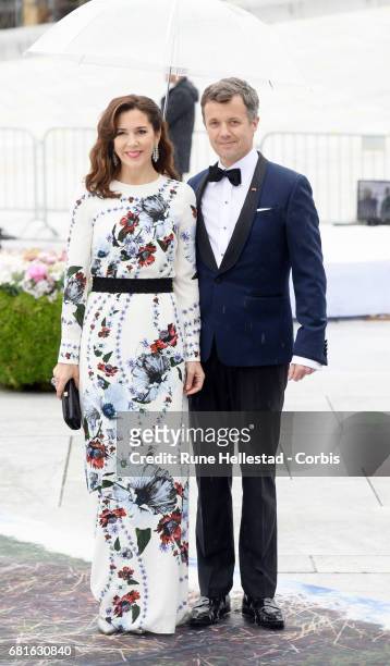 Crown Prince Fredrik and Crown Princess Mary of Denmark are seen arriving at the Opera House on the occasion of the celebration of King Harald and...