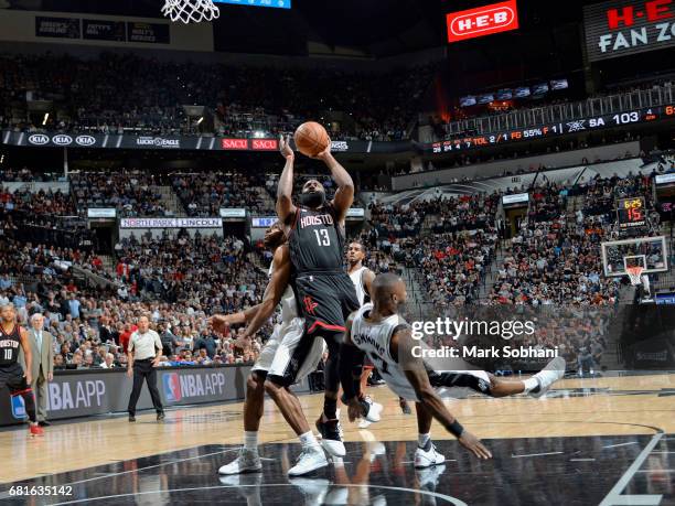 James Harden of the Houston Rockets goes to the basket against the San Antonio Spurs during Game Two of the Eastern Conference Semifinals of the 2017...