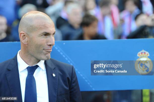 Zinedine Zidane, manager of Real Madridduring the UEFA Champions League quarter final first leg match between Club Atletico de Madrid and Real Madrid...