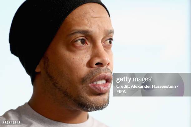 Legend Ronaldinho of Brazil poses after a interview at The Diplomat Radisson BLU Hotel on May 9, 2017 in Manama, Bahrain.