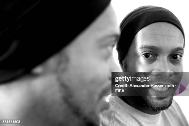 Legend Ronaldinho of Brazil poses after a interview at The Diplomat Radisson BLU Hotel on May 9, 2017 in Manama, Bahrain.