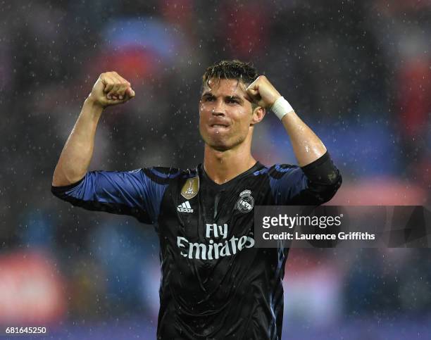 Cristiano Ronaldo of Real Madrid celebrates at the end of the UEFA Champions League Semi Final second leg match between Club Atletico de Madrid and...